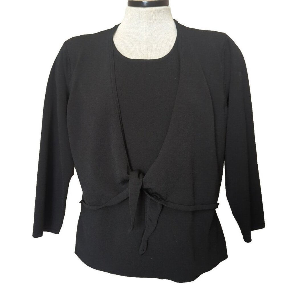 Talbots  Black Faux Layer 3/4 Sleeve Front Tie Top Size L Viscose Blend-lp365